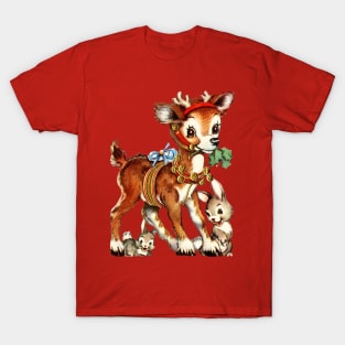 Retro Vintage Reindeer with Bunnies. T-Shirt